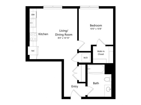 Floor plan for 1 bed, 1 bath, 586 sqft